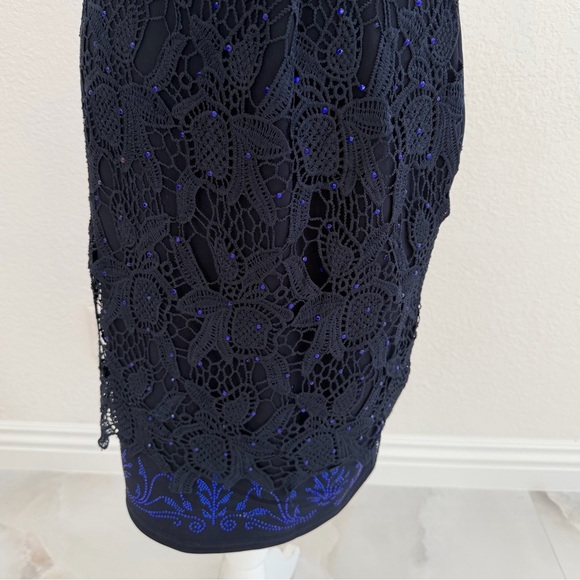 Navy Lace Overlay Pencil Skirt Midi Large Elastic Waistband - Picture 2 of 4